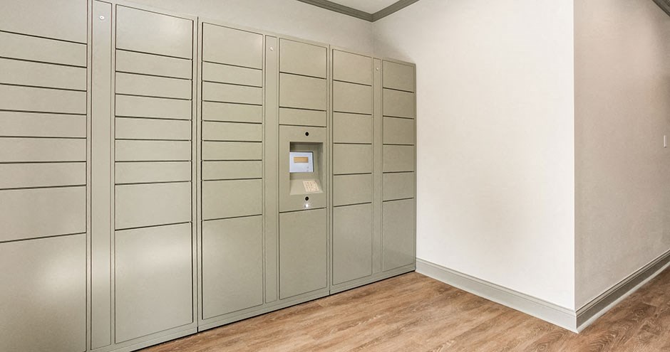 a large set of lockers in a room