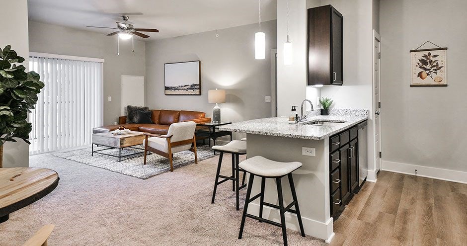 a living room with a kitchen and a couch