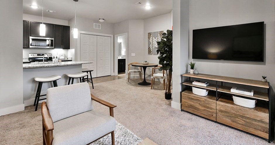 a living room with a television and a kitchen