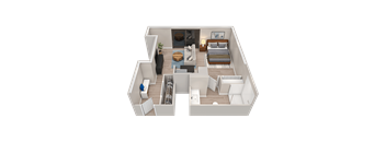 A 3D floor plan of a small apartment with a bedroom, living room, and kitchen.