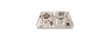 A 3D rendered image of a modern, minimalist apartment layout.