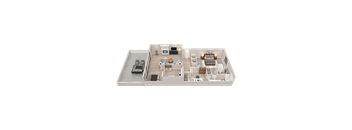 A 3D rendered image of a modern apartment layout.