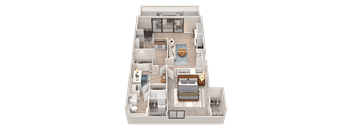 A 3D floor plan of a house showing a living room, kitchen, dining area, and bedrooms.