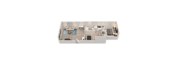 A 3D floor plan of a modern apartment with a living room, kitchen, and bedrooms.
