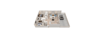 A 3D rendered image of a modern apartment layout.