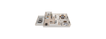 A 3D rendered image of a modern apartment layout.
