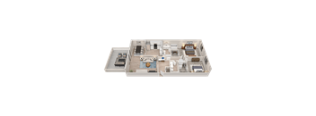 A 3D floor plan of a house with a living room, kitchen, dining room, and bedrooms.