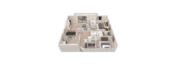 A 3D floor plan of a house showing a living room, kitchen, and bedrooms.