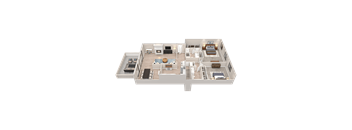 A 3D floor plan of a house with a living room, kitchen, dining area, and multiple bedrooms.