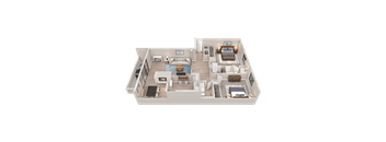 A 3D floor plan of a house with a living room, kitchen, and two bedrooms.