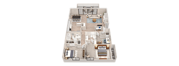 A 3D floor plan of a house with multiple rooms and furniture.