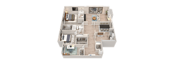 A 3D floor plan of a house with multiple rooms and furniture.