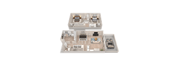 A top-down view of a two-story house with detailed floor plans.