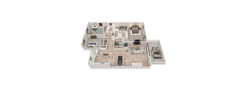 A 3D rendered image of a modern house layout.