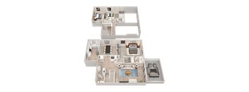 A 3D floor plan of a two-story residential building.