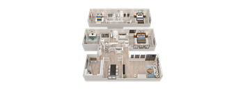 A 3D floor plan of a house with three bedrooms, a living room, a kitchen, a dining room, and a pool.