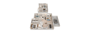 A 3D floor plan of a two-story residential building.
