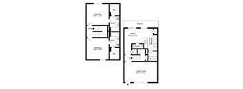 A floor plan of a house with two bedrooms, a living room, a dining room, a kitchen, a bathroom, and a patio.