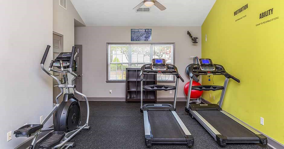 the gym is equipped with cardio machines and weights