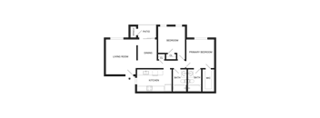 A floor plan of a house with a living room, dining room, kitchen, two bathrooms, a patio, and two bedrooms.