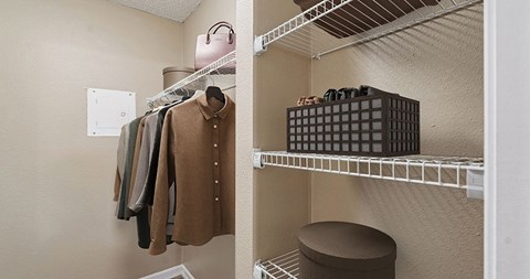 A closet with a brown sweater hanging on a shelf.