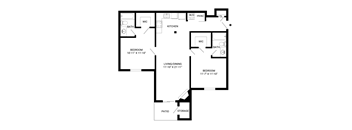a floor plan of a two bedroom apartment with a bathroom and kitchen