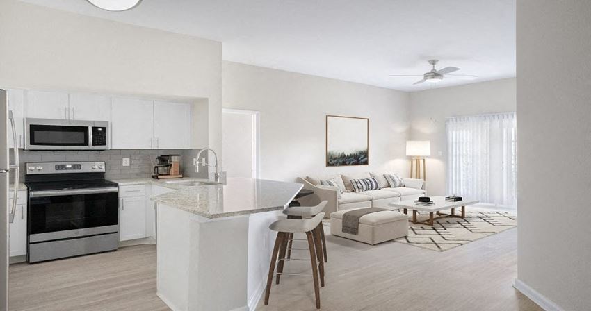 a living room with a kitchen and a