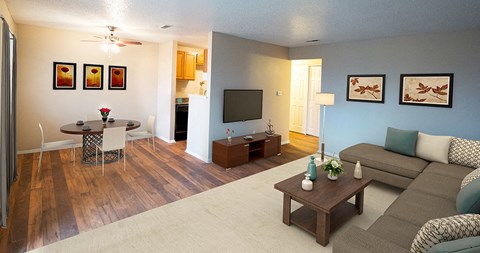 a living room with a couch and a table