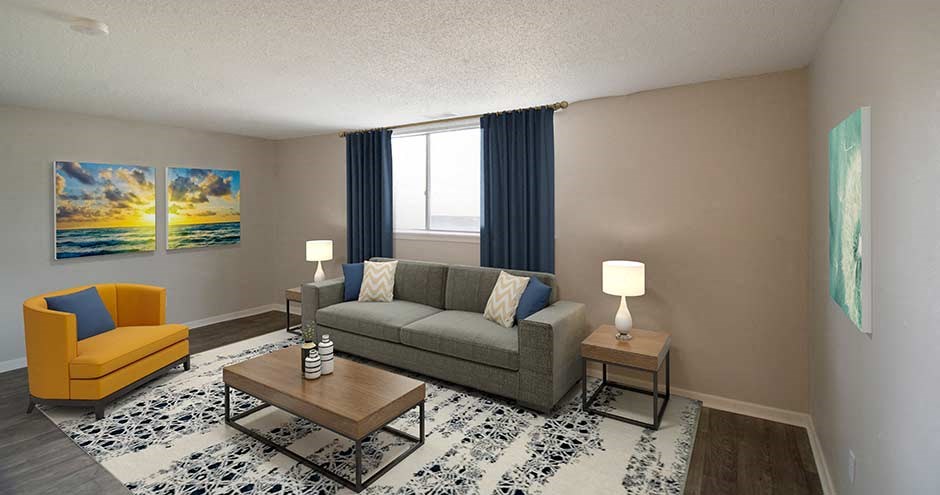 a living room with a couch and a table