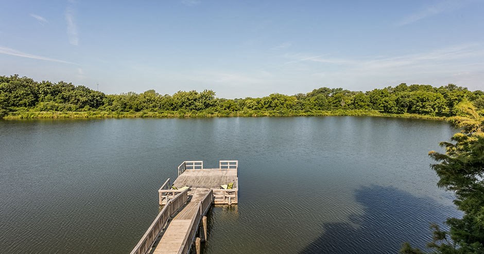 a dock on a body of water with trees
