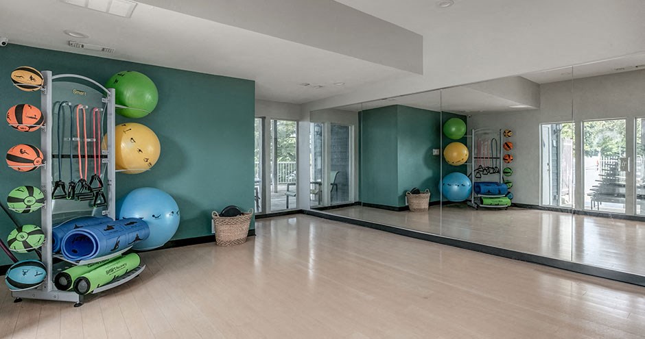 a gym with a bunch of balls on the wall
