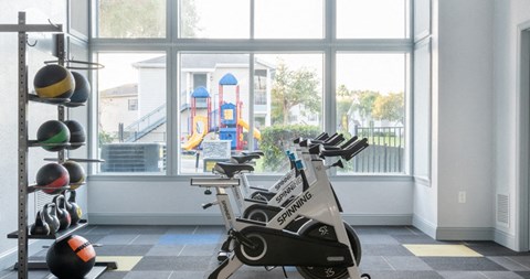 a home gym with a view of a playground