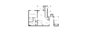 A floor plan of a house with a living room, dining room, kitchen, two bedrooms, a bathroom, and storage areas.