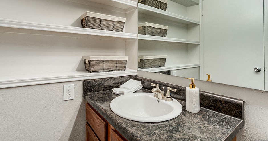 a bathroom with a sink and a mirror