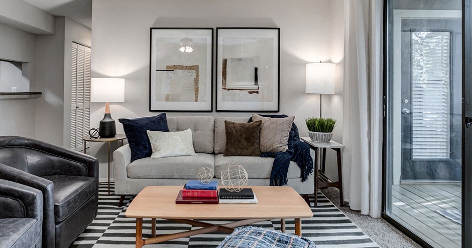 a living room with a couch and a coffee table