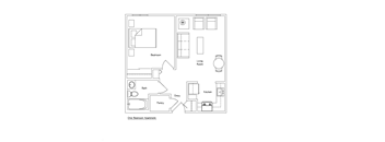 Floorplan of a 1 bedroom 1 bathroom apartment.