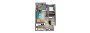 A top-down view of a living room, kitchen, and bathroom layout.