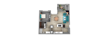 A 3D rendered image of a house layout.