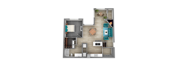 A 3D floor plan of a house showing a living room, kitchen, and bathroom.