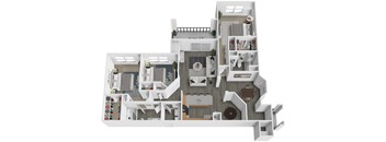 A white 3D model of a house with various rooms and furniture.