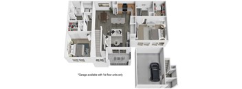 A diagram of a house layout with a note that the garage is available with 1st floor units only.