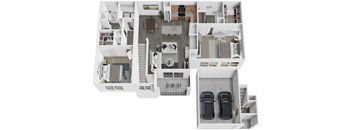 A 3D floor plan of a house with two bedrooms, a living room, a kitchen, and a garage.