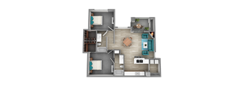 A 3D floor plan of a house with a kitchen, living room, and two bedrooms.