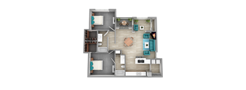 A 3D floor plan of a house with a kitchen, living room, dining room, and bedrooms.