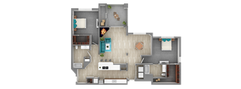A top-down view of a house layout with a living room, kitchen, and two bedrooms.