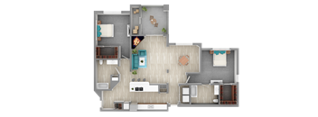 A top-down view of a house layout with a living room, kitchen, and two bedrooms.