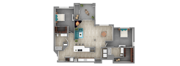 A 3D rendered image of a house layout.