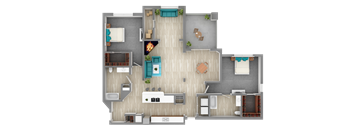 A top-down view of a house layout with a kitchen, living room, and bedrooms.