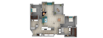 A top-down view of a house layout with a kitchen, living room, and two bedrooms.