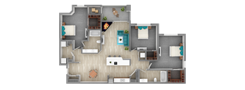 A 3D rendered image of a house layout.